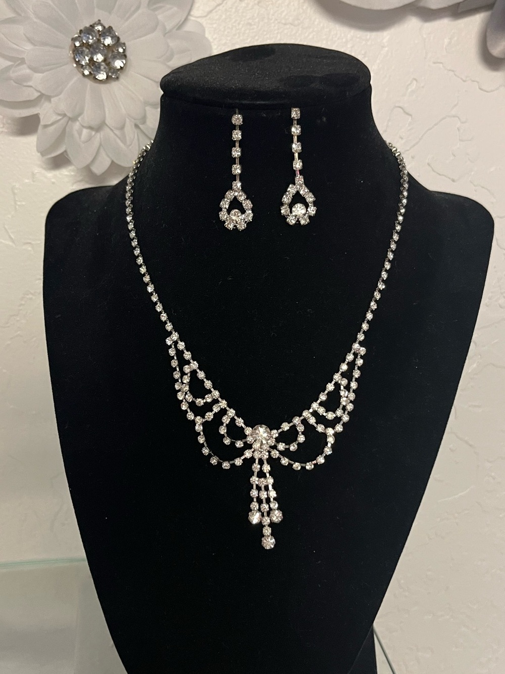 Crystal Drop Necklace and Earrings Set - Silver Rhinestone Jewelry